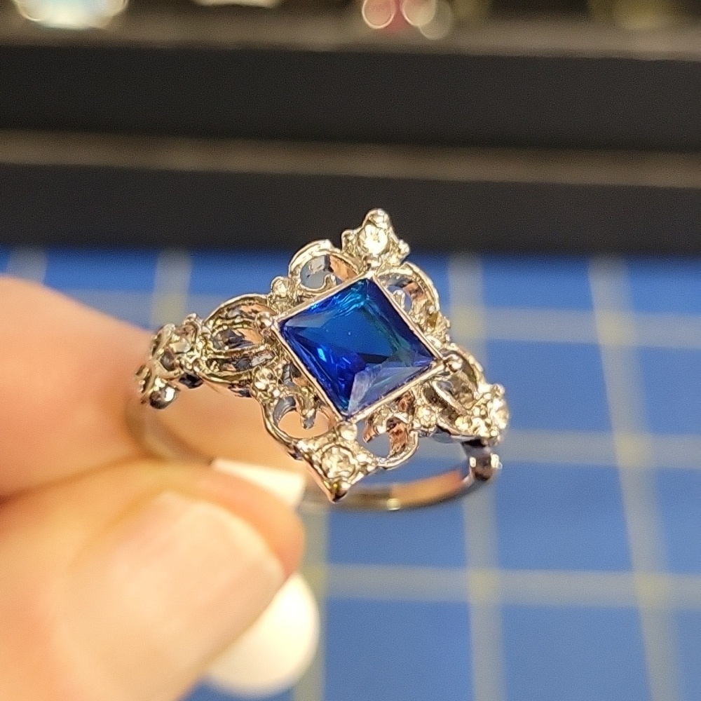 Blue Sapphire Faux Stone Silver Tone Ring Size 10